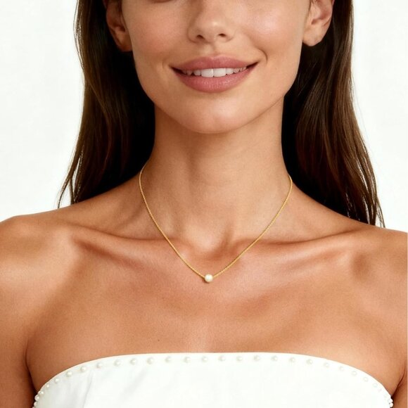 Women's 1 Gold Pearl Necklace 14k Gold Plated Dainty Pearl Necklace Choker - Picture 2 of 7